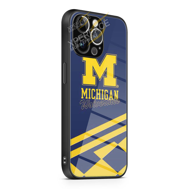 Michigan Wolverines (logo blue yellow iPhone 15 | iPhone 15 Plus | iPhone 15 Pro | iPhone 15 Pro Max Glass Case cover