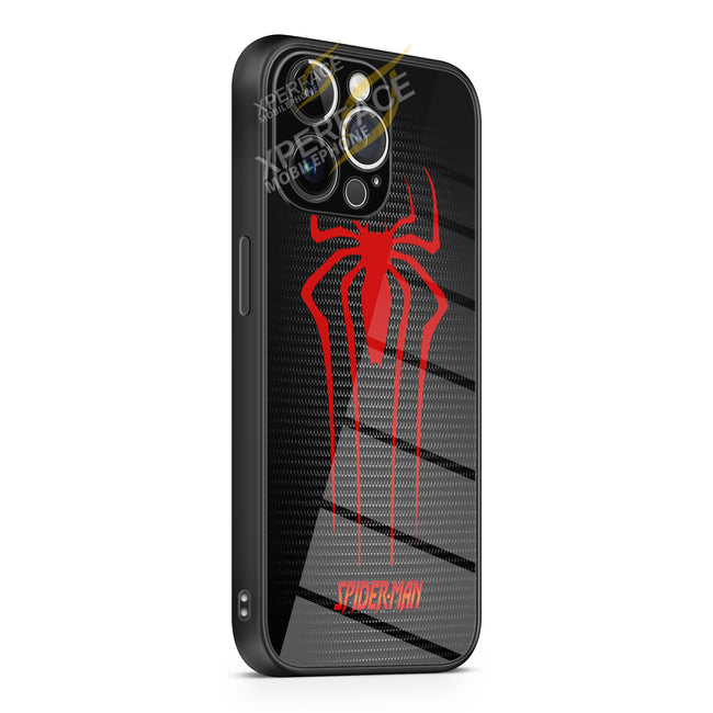 Spider Man Black Carbon Logo iPhone 15 | iPhone 15 Plus | iPhone 15 Pro | iPhone 15 Pro Max Glass Case cover